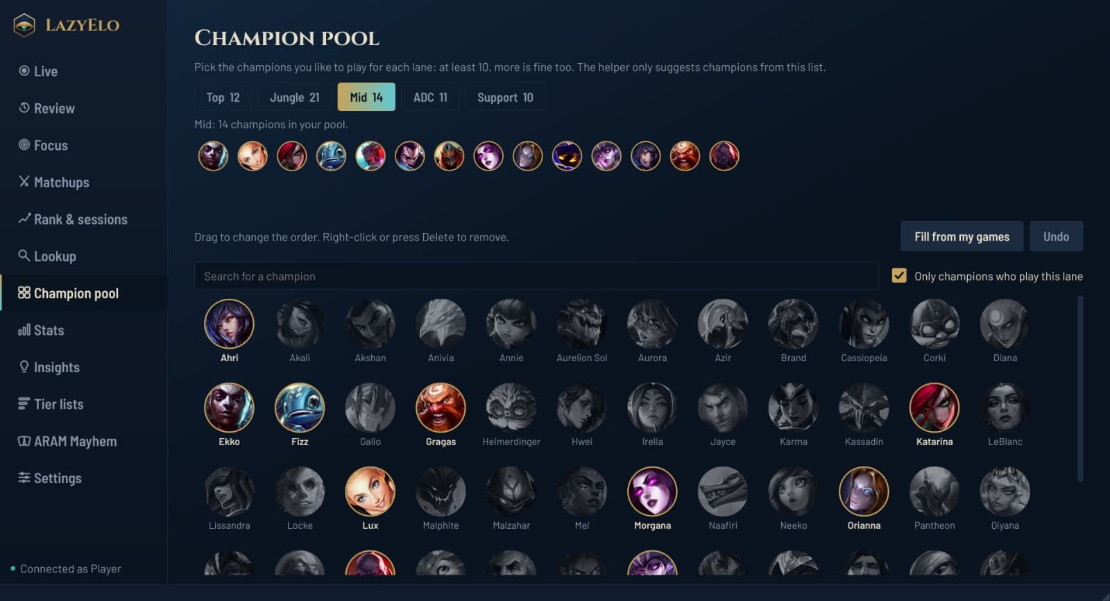 The champion pool page: the champions you picked for mid lane, and every champion who plays that lane below