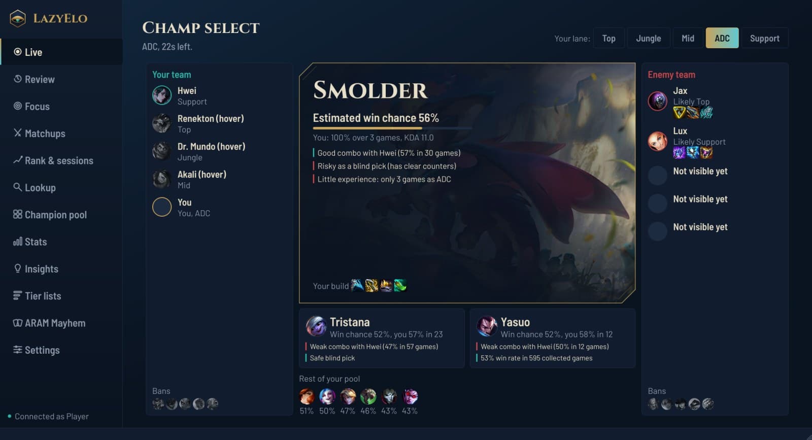 Champ select advice: the recommended champion from your pool and the rest of your pool