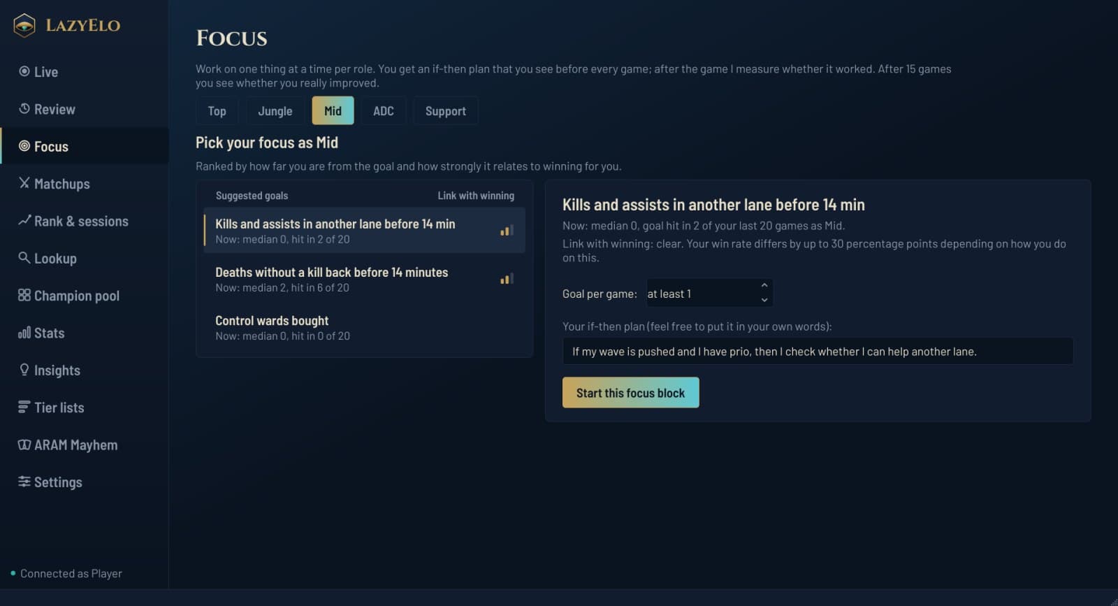 The Focus page with one improvement goal and an if-then plan