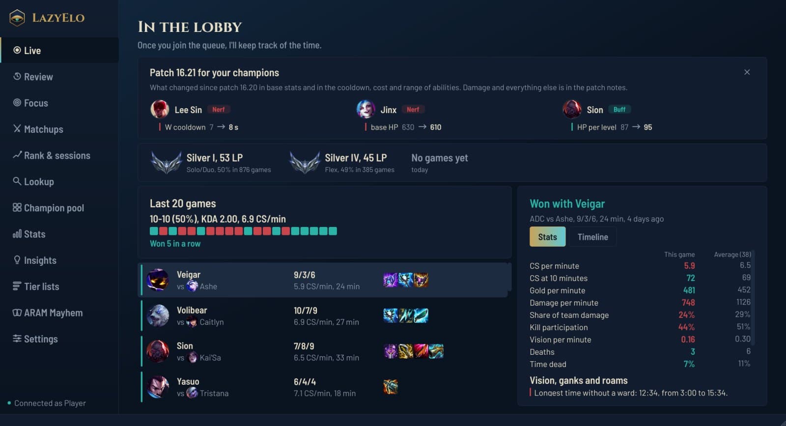 The lobby with your rank, your last twenty games and the review of one game