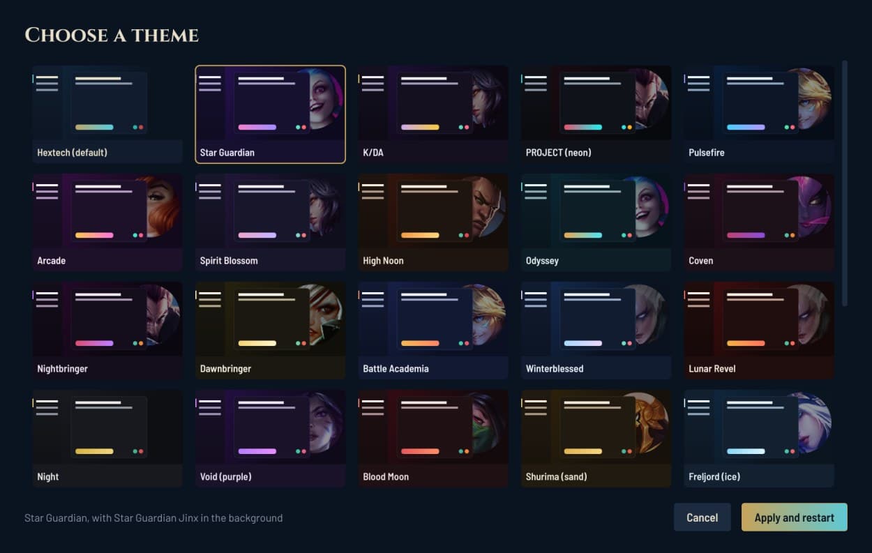The theme picker with a preview of each theme